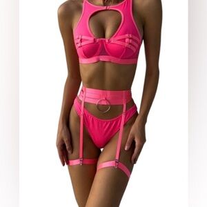 Neon Bright Pink Bra Top & Matching Garter Belt With Leg Harness.